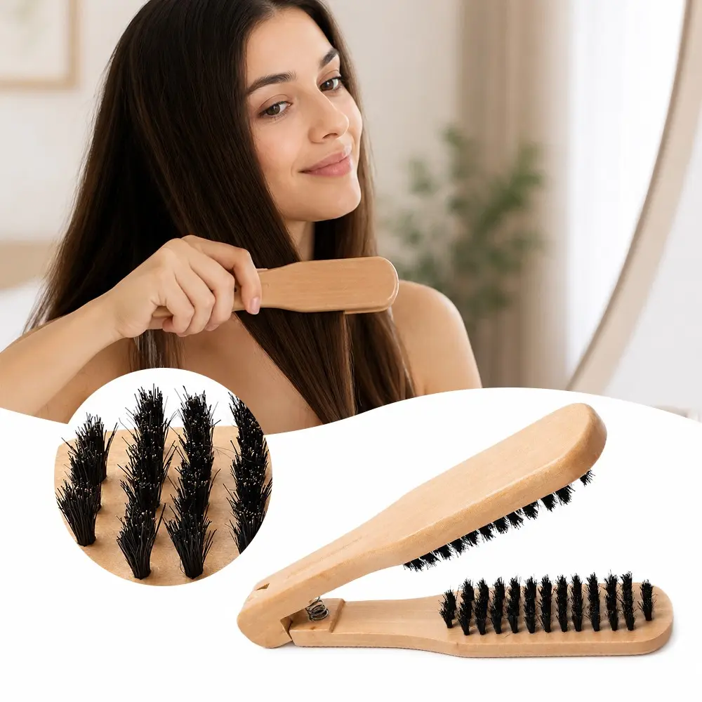 Double-Sided Brush Comb, Anti-Static V-Shaped Straightening Comb, Wooden Handle, Professional Salon Styling Tool, Smooth Shiny Hair