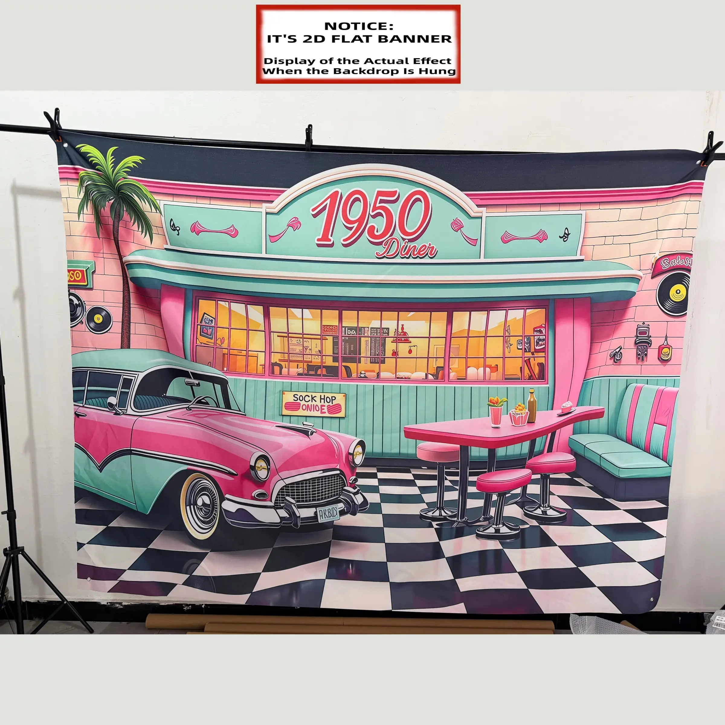 2D Flat Banner, 1pc Suitable for Home & Party Decor Retro American Diner Backdrop Banner, Polyester Backdrop Banner - Classic 50s Themed Wall Hanging, Durable for Outdoor Decoration, Suitable for Living Room, Bedroom