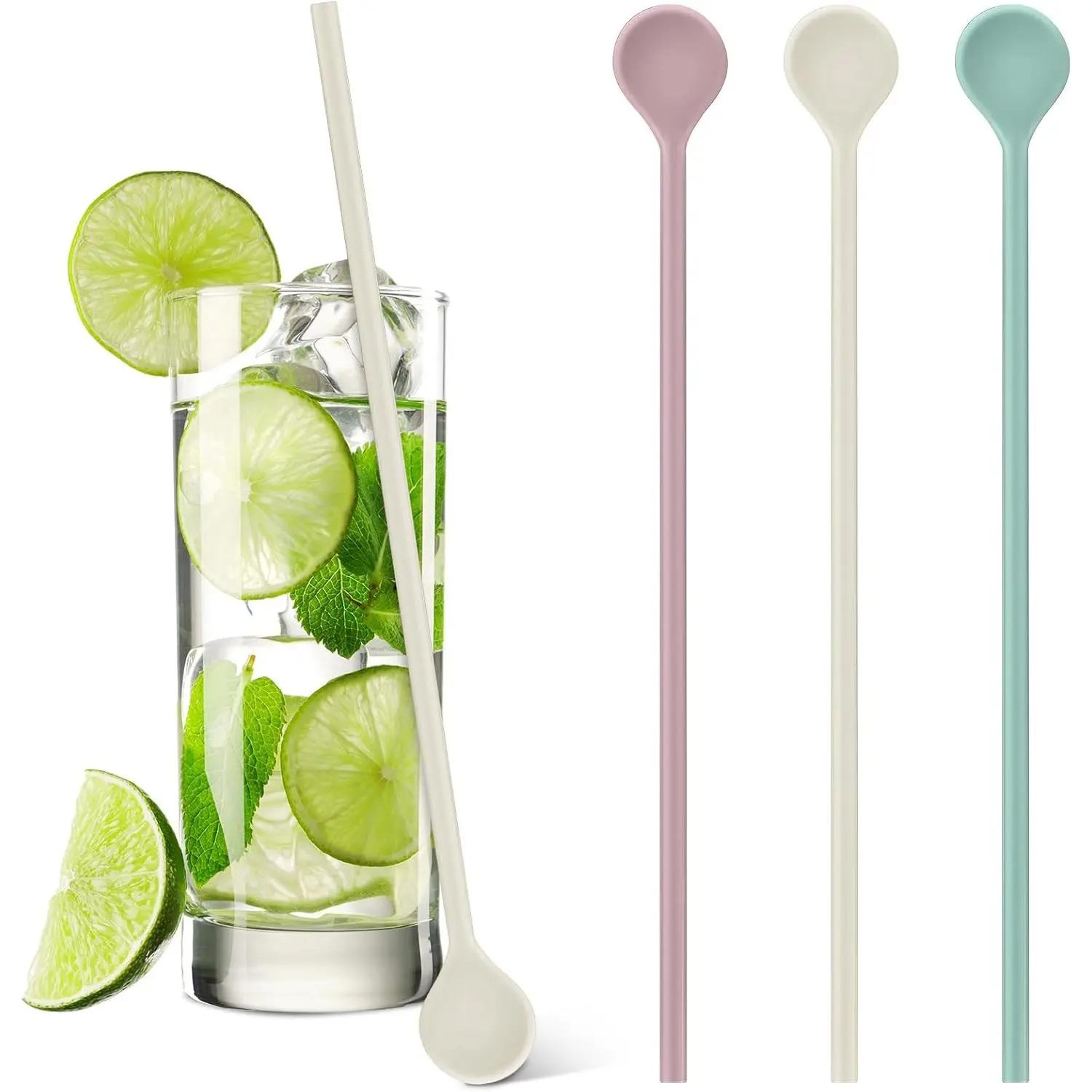 3 Pcs 10" Reusable Silicone Stirrer Stick Spoon Long Swizzle Sticks Multipurpose for Cocktail Coffee Iced Tea Whiskey Beverage Milk Formula Mixing(Green,Pink,White)