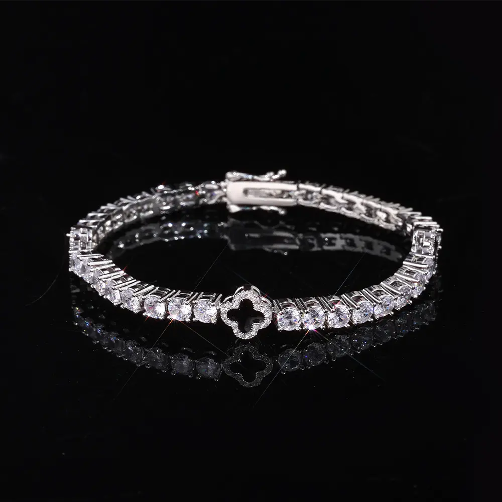 4mm Iced Out Four Leaf Clover Tennis Bracelet, 14K Gold Plated 5A Cubic Zirconia – Religious Hip Hop Jewelry, Christian Gift for Birthday, Anniversary, Christmas, Valentine's Day, Easter fashion jewelry trendy bangle