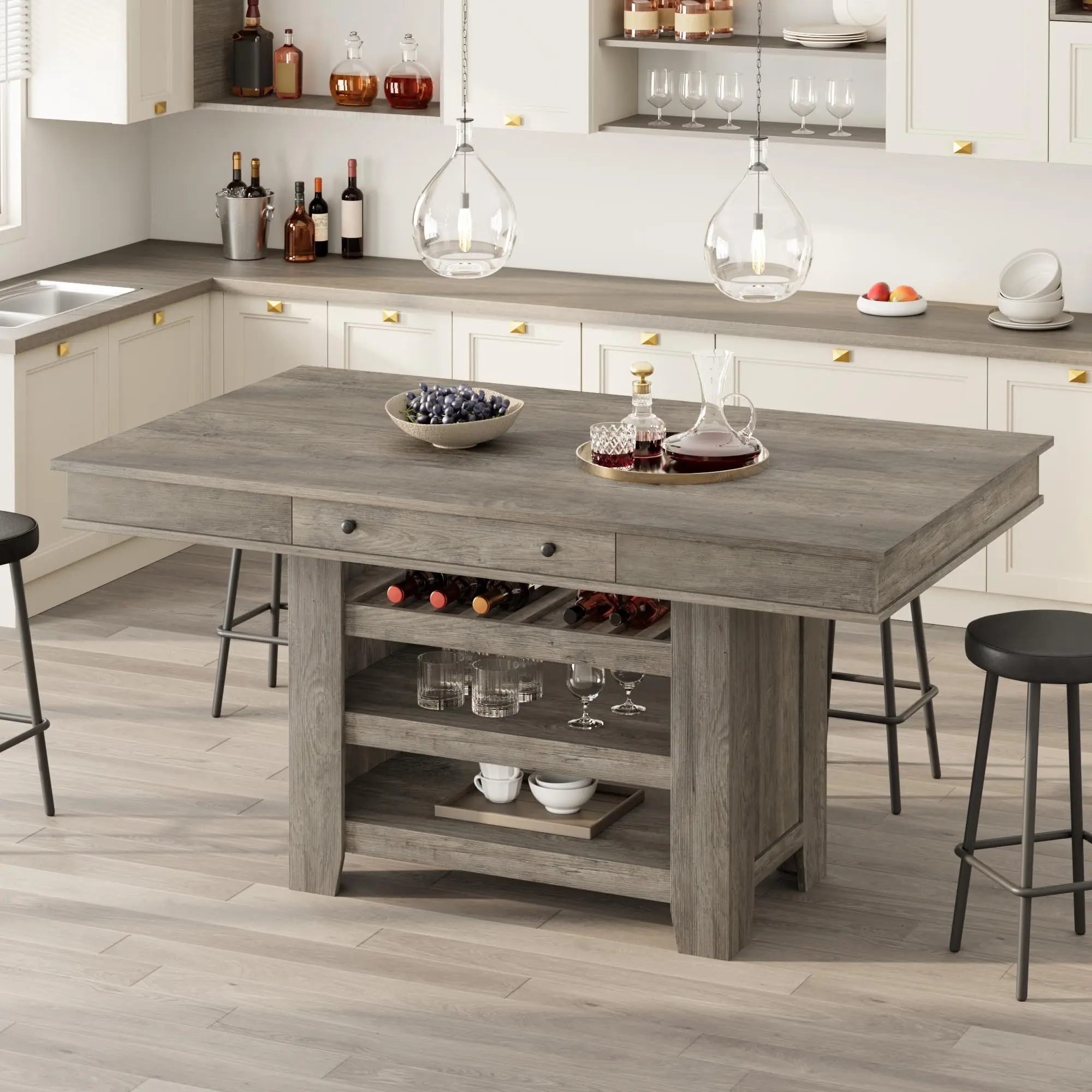 60" Counter Height Dining Table with 2 Drawers, 4-Tier Wooden Kitchen Island Table, Modern Coffee Bar Table for Kitchen, Bar & Entertaining