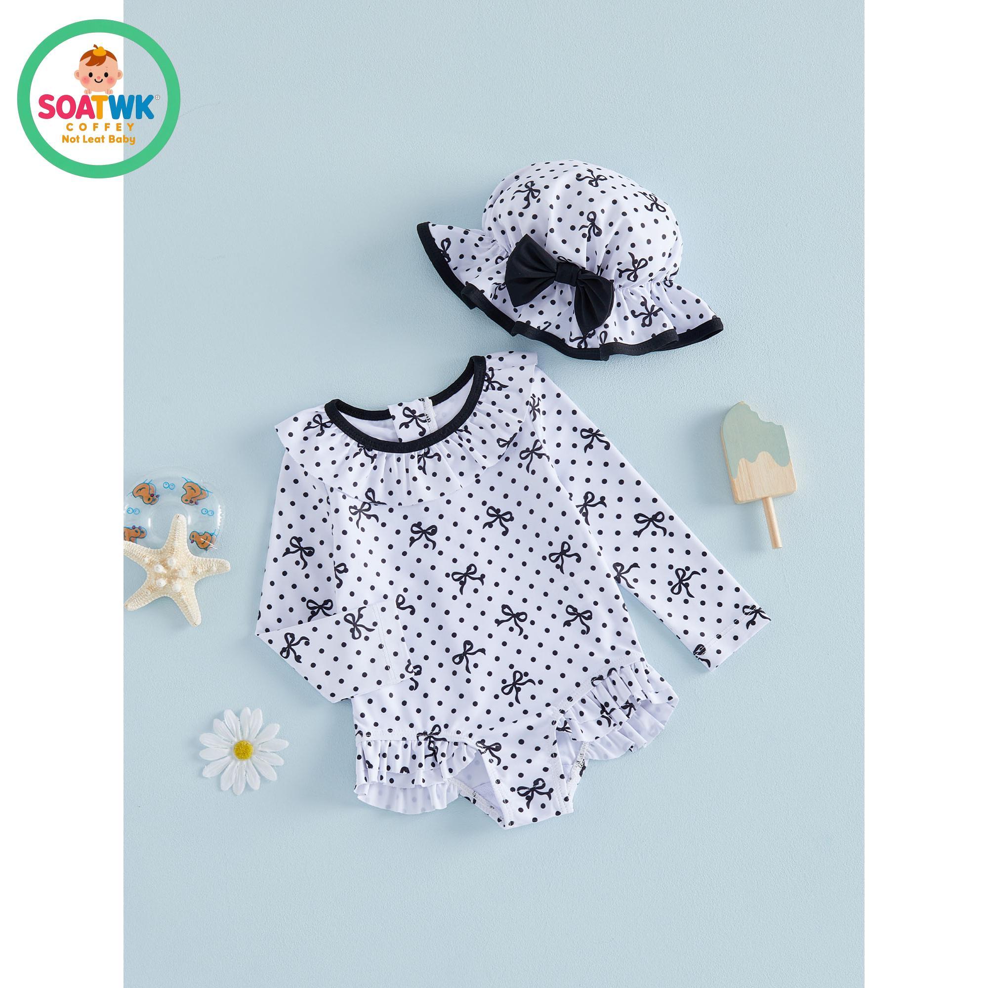 Toddler Girls Swimsuit, Bow Dots Print Long Sleeve Bikini with Hat Swimwear for Summer Bathing