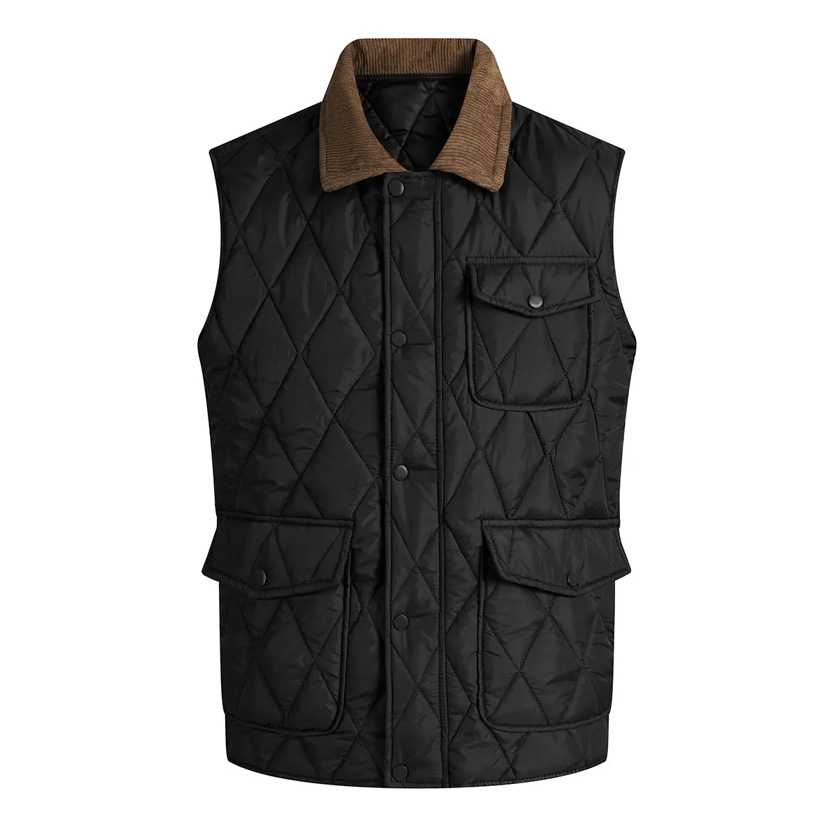 Men Corduroy Collar Quilted Vest, Snap Button Diamond Padded Sleeveless Gilet, Multi Flap Pockets Wind Resistant Light Thermal Waistcoat, Vintage Casual Layering Outerwear, Ideal For Autumn Winter Daily Commute,Outdoor Walking And Business Layered Outfits