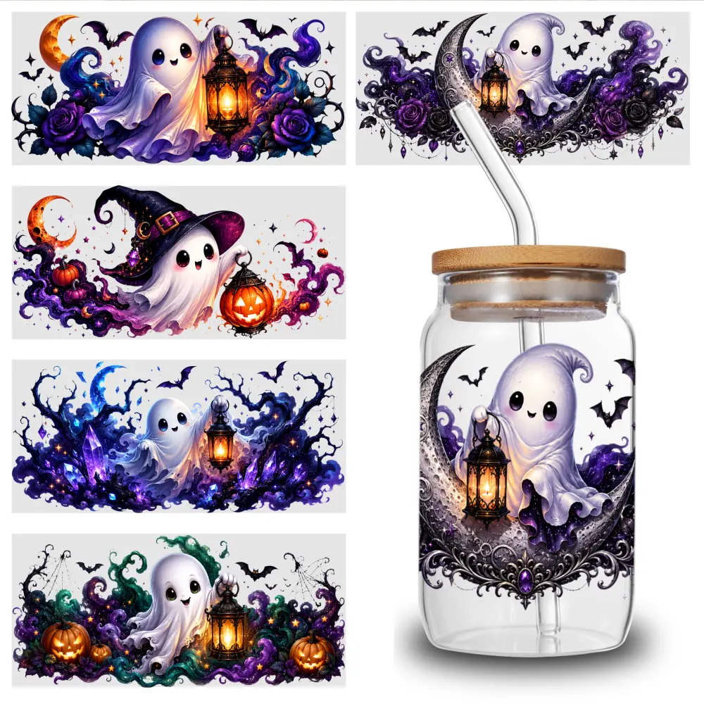 5 Sheets Halloween Ghost UV DTF Transfer Paper Stickers - 9.4x4.3 in UV-Resistant Self-Adhesive Vinyl, 16OZ Glass Jar Cup & Bottle Decorative Packaging Decals