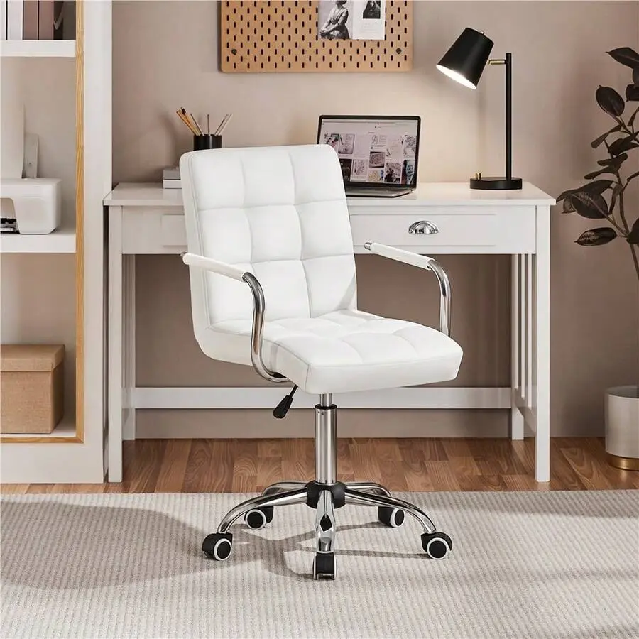 1PC Mid-Back PU Leather Office Desk Vanity Chair 360 °   Swivel Rolling Height Adjustable Armrests Lumbar Support Large Seat For Home Office Bedroom, Black/White/Pink/Brown/Retro Brown