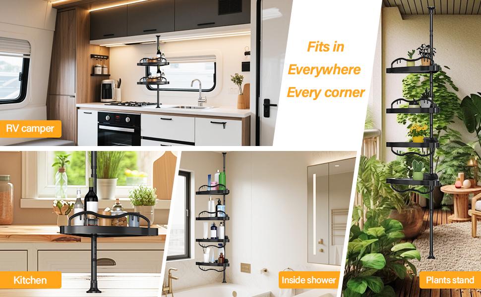 AGS Black Corner Shower Caddy Tension Pole - Heavy Duty Rustproof Stainless Steel Shower Organizer with 4 Adjustable Shelves, No-Drill Free Standing for Bathroom, Bathtub, RV,54" to 114" Tall