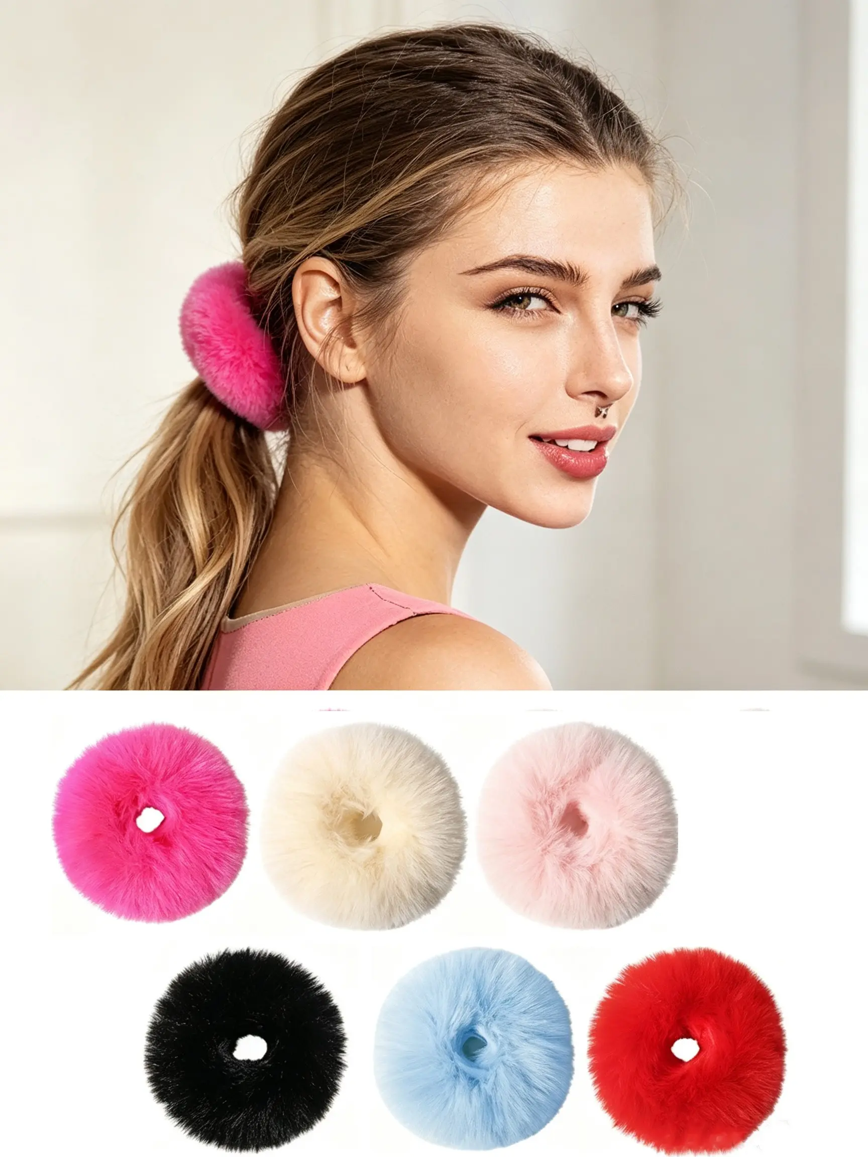 6pcs Women's Sweet Autumn Winter Fuzzy Hair Ties, High Elasticity, Fashion Solid Color, New Year Gift, Suitable for Low Ponytail, High Ponytail, Twin Ponytail