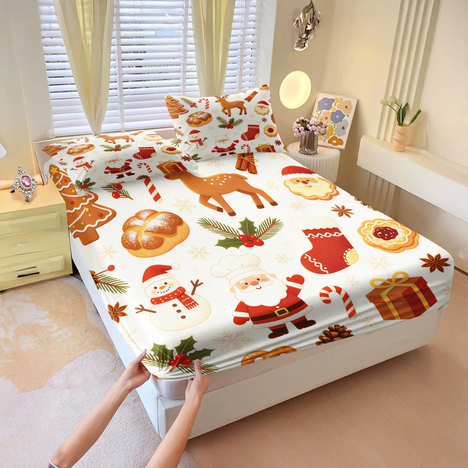 3Pcs Hand-drawn Pixel Folk Style Christmas Reindeer Santa Snowflake Combo HD Digital Print Fitted Sheet Set, Washable Hypoallergenic Deep Pocket Mattress Cover For Winter Christmas Home Bedroom Decor