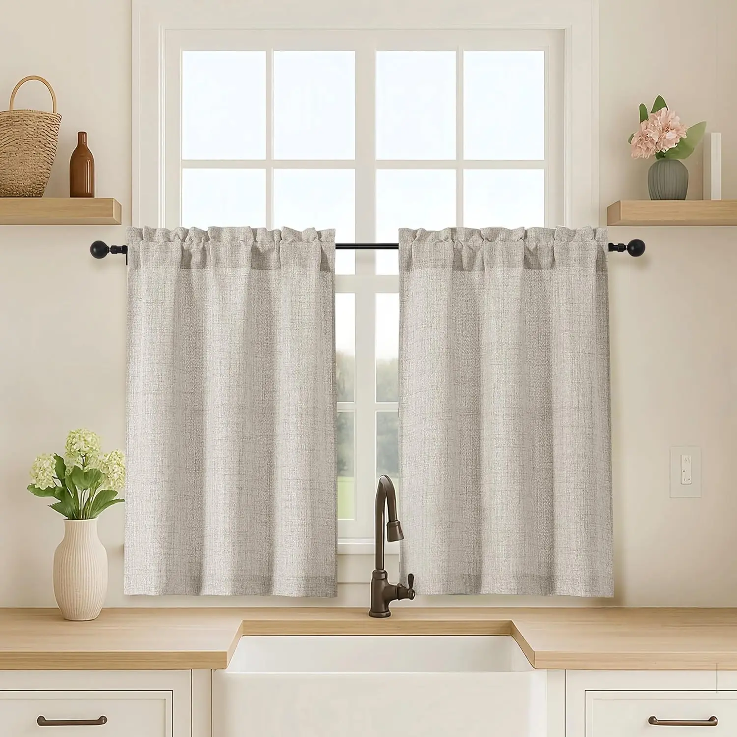 2 Panels Kitchen Curtains 36 Inch Length, Faux Linen Textured Small Cafe Window Curtain Over Sink, Light Filtering Short Curtain Tiers for Bathroom Basement, 30x36 Inch, 2PCS, Linen Color