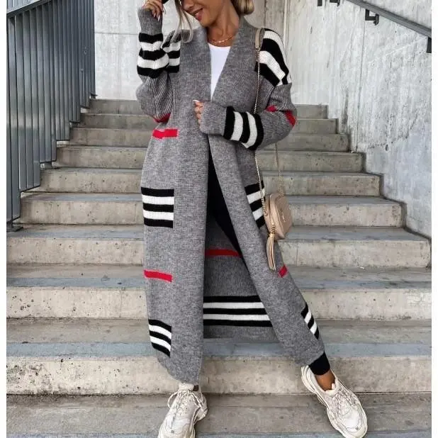 Fashion Long Striped Knit Cardigan Sweater Jacket