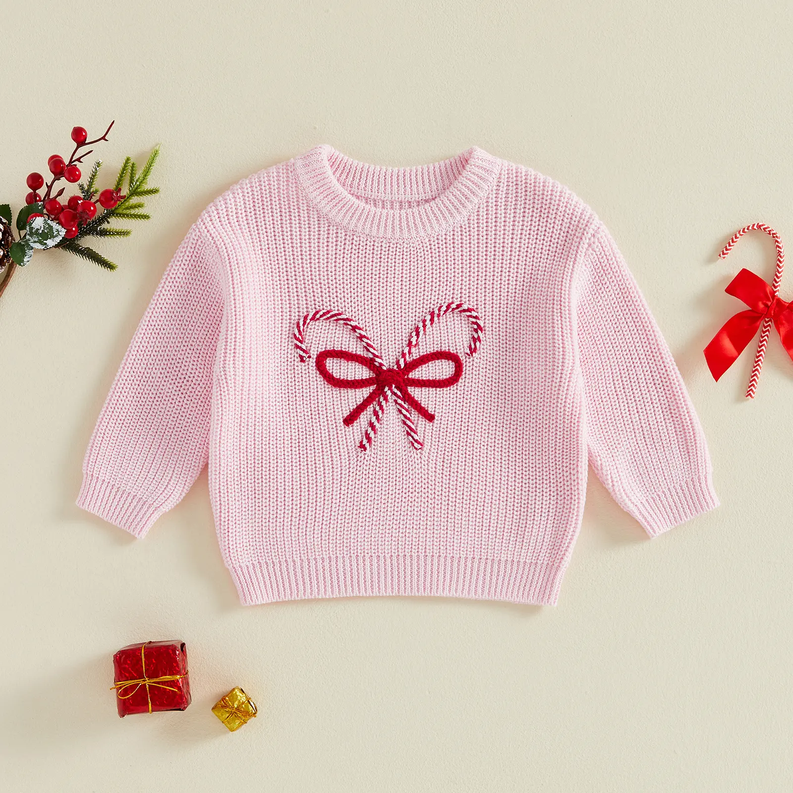 FOCUSNORM Toddler Baby Girls Christmas Knit Sweater Crew Neck Candy Cane Bow Embroidery Long Sleeve Pullover Fall Winter Clothes 6M‑6T