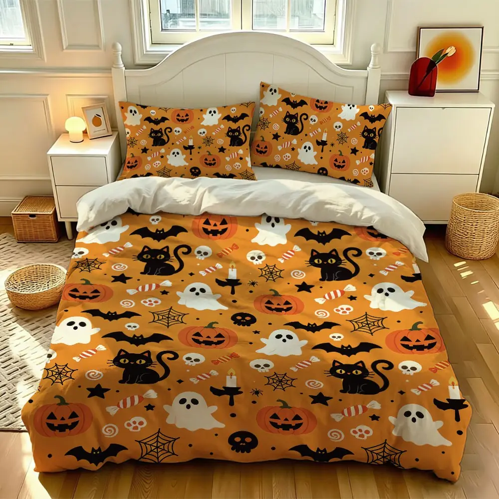 3-piece Halloween Pumpkin Ghost Quilt Set, Theme Bedding Set, including 1 duvet cover and 2 pillowcases, without blankets or pillowcases, soft and comfortable, suitable for bedrooms, hotels, and school dormitories