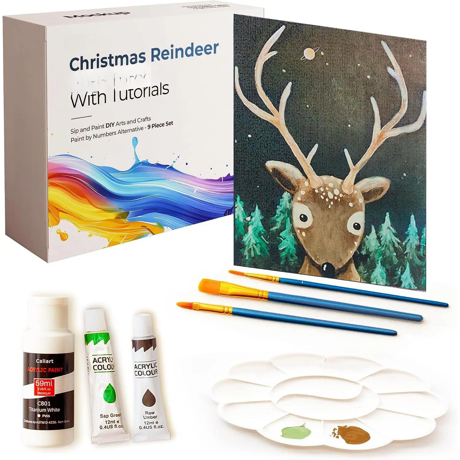 Art Painting Kit with Video Tutorials - How to  with   Set for Adults, Learn to  Reindeer - 9 Peices Painting Set for Adults, Beginners, Art Lovers