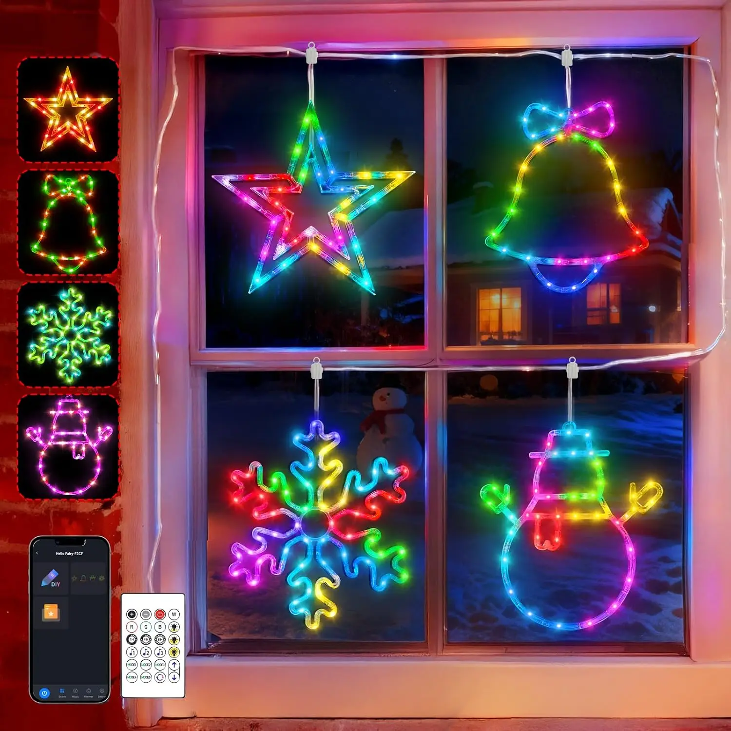 Christmas Window Lights 4 Pack, RGB Color Changing Window Silhouette Lights with APP & Remote Control,  Sync, Timer, Snowman Snowflake  , Indoor Outdoor Holiday Decor