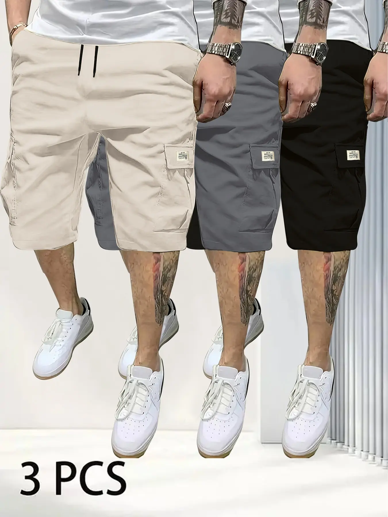 Men’s Summer Cargo Shorts, Plain, Fashion Label, Multiple Pockets, Lightweight Breathable, Casual Hiking, Army-Style Combat, Loose Fit