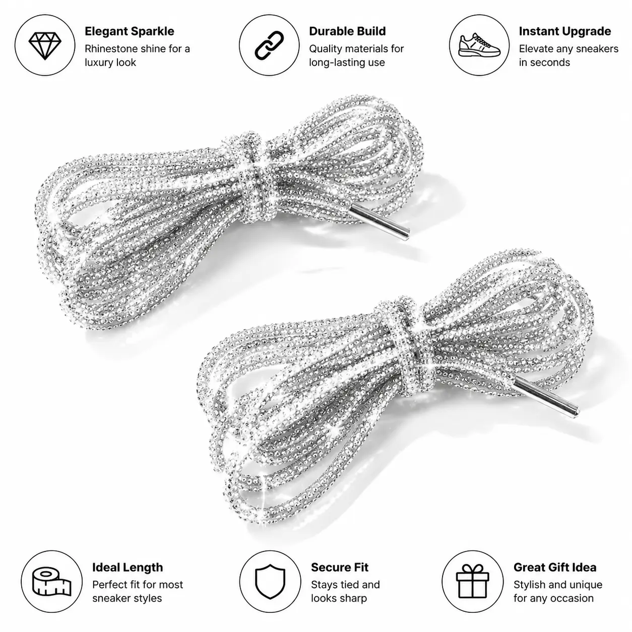 Premium 2-Pack Glitter Rhinestone Shoelaces – 47-Inch Shiny Polyester Drawstrings for Sneakers, Boots, Hoodies, Bags & DIY Craft Projects – No-Tie Secure Fit with Decorative Metallic Finish and Durable Tension Anchors