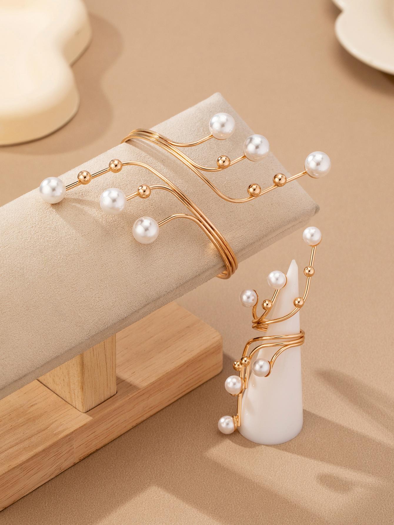 Elegant Faux Pearl Wrap Cuff Bracelet & Ring Set, 18K Gold Plated Multi-layer Pearl Jewelry Set for Women, Luxury Statement Jewelry for Party Wedding