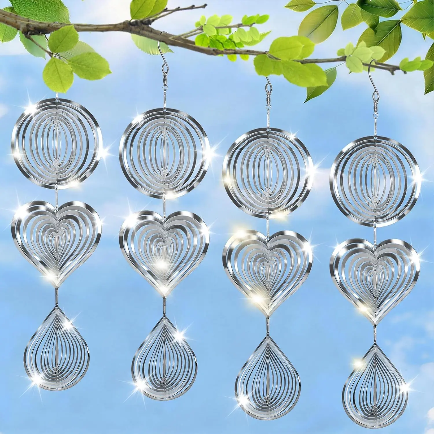 Three-Piece Heart Water Drop Wind Chime, Stainless Steel Mirror Finish, Garden Balcony Window Decor, Bird Repellent Ornament