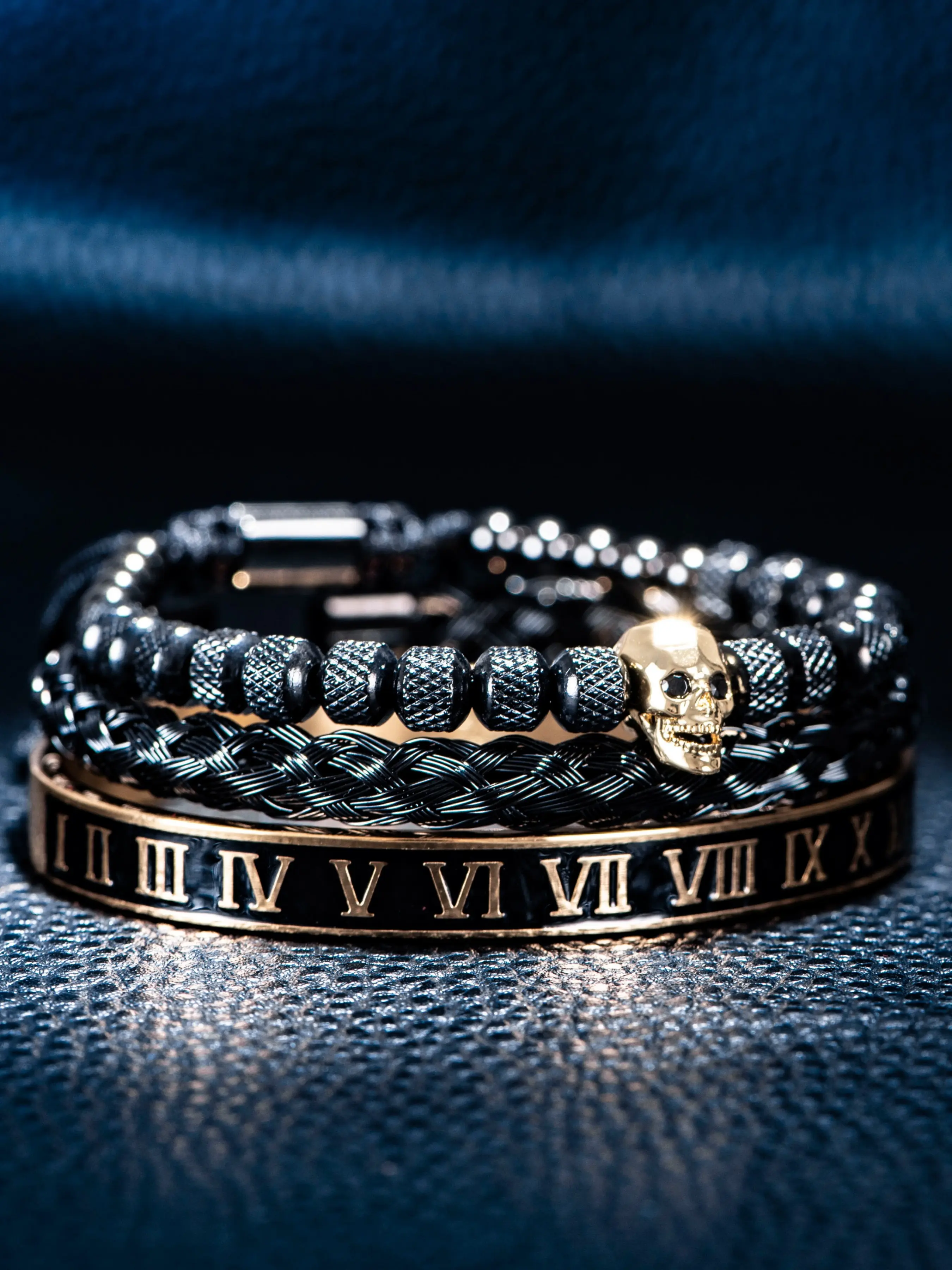 3-Piece Set Polygon Skull Bracelet, Stainless Steel Men's Enamel Roman Numeral Bracelet, European Fashion Couple Matching Bracelets Jewelry