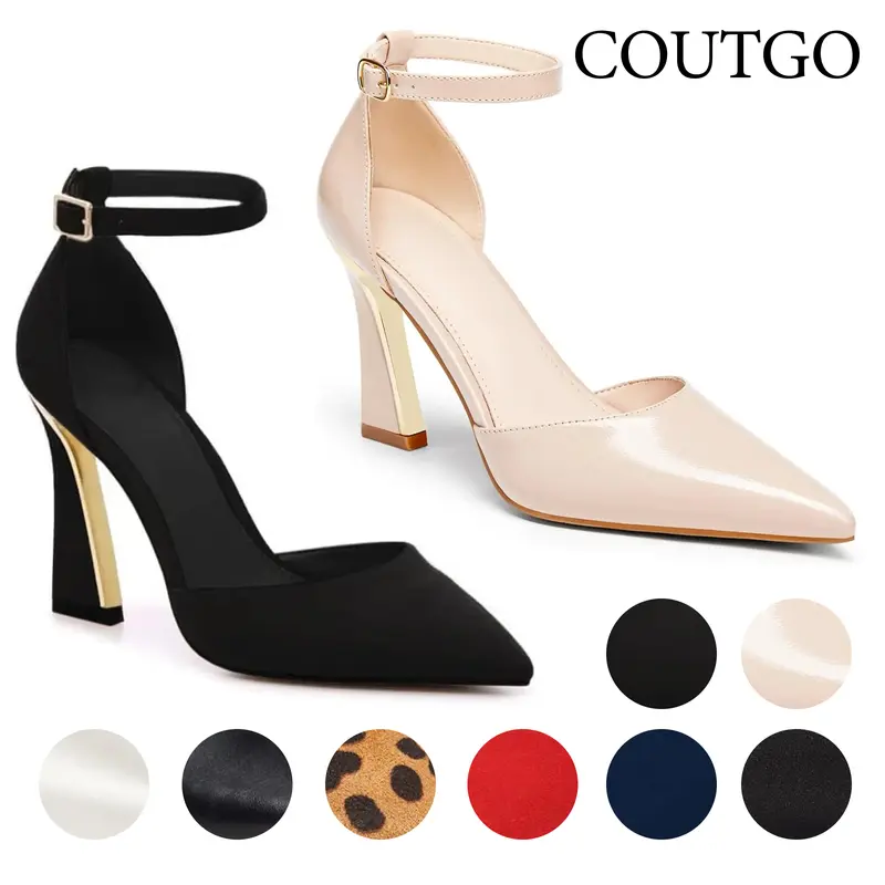 Coutgo Womens Pumps Point Closed Toe Heels Buckle Ankle Strap D'Orsay Heeled Sandals Elegant Party Shoes