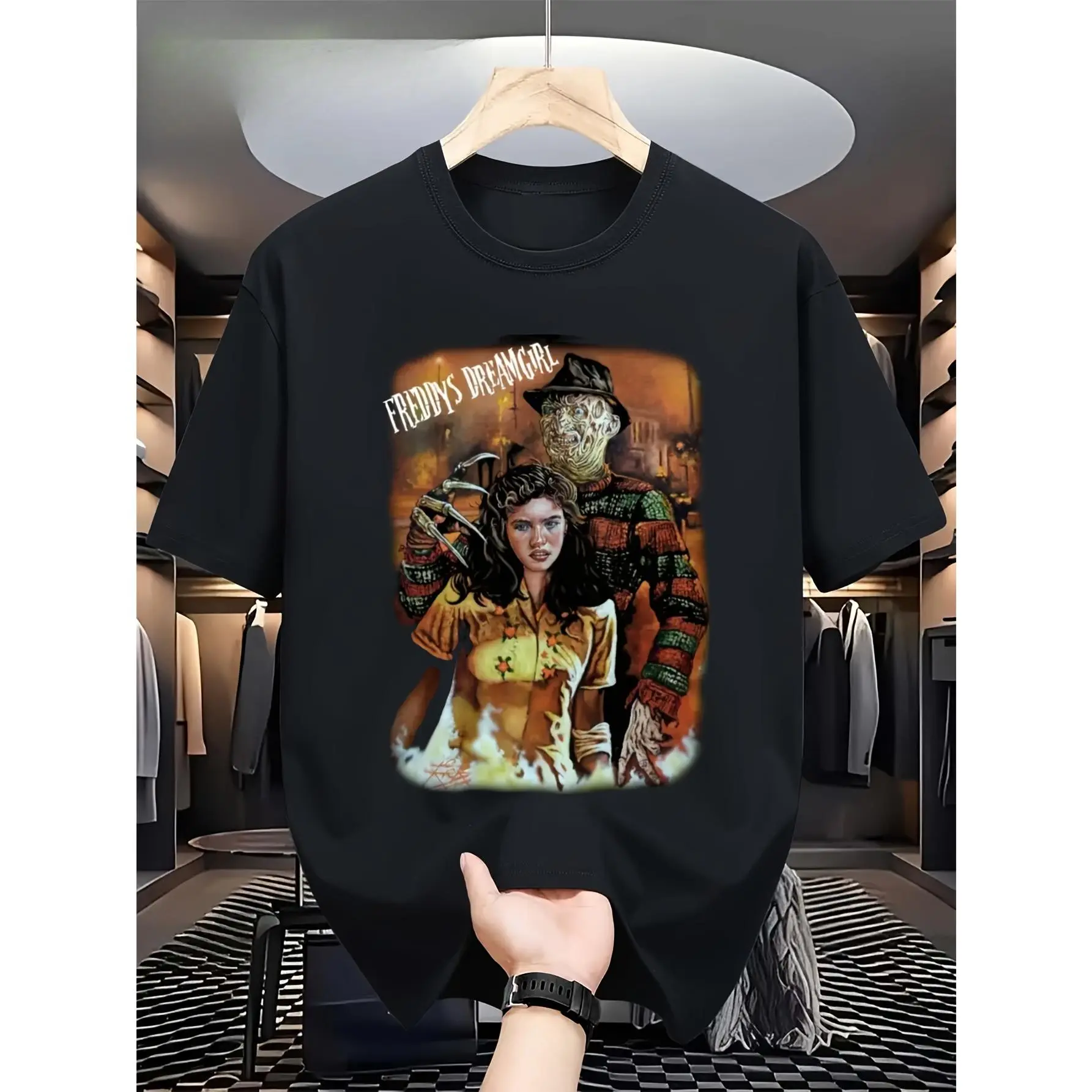 Men's Stretch Short-Sleeve Crew Neck T-Shirt - Ultra-Soft Breathable Menswear Top with Krueger & Nancy Thompson Nightmare on Elm Design, Casual Summer Style, Plus Size, Tshirt, Shortsleeve, Round Neck, Loose, Knit, Fabric, Geometric Print, Machine Wash