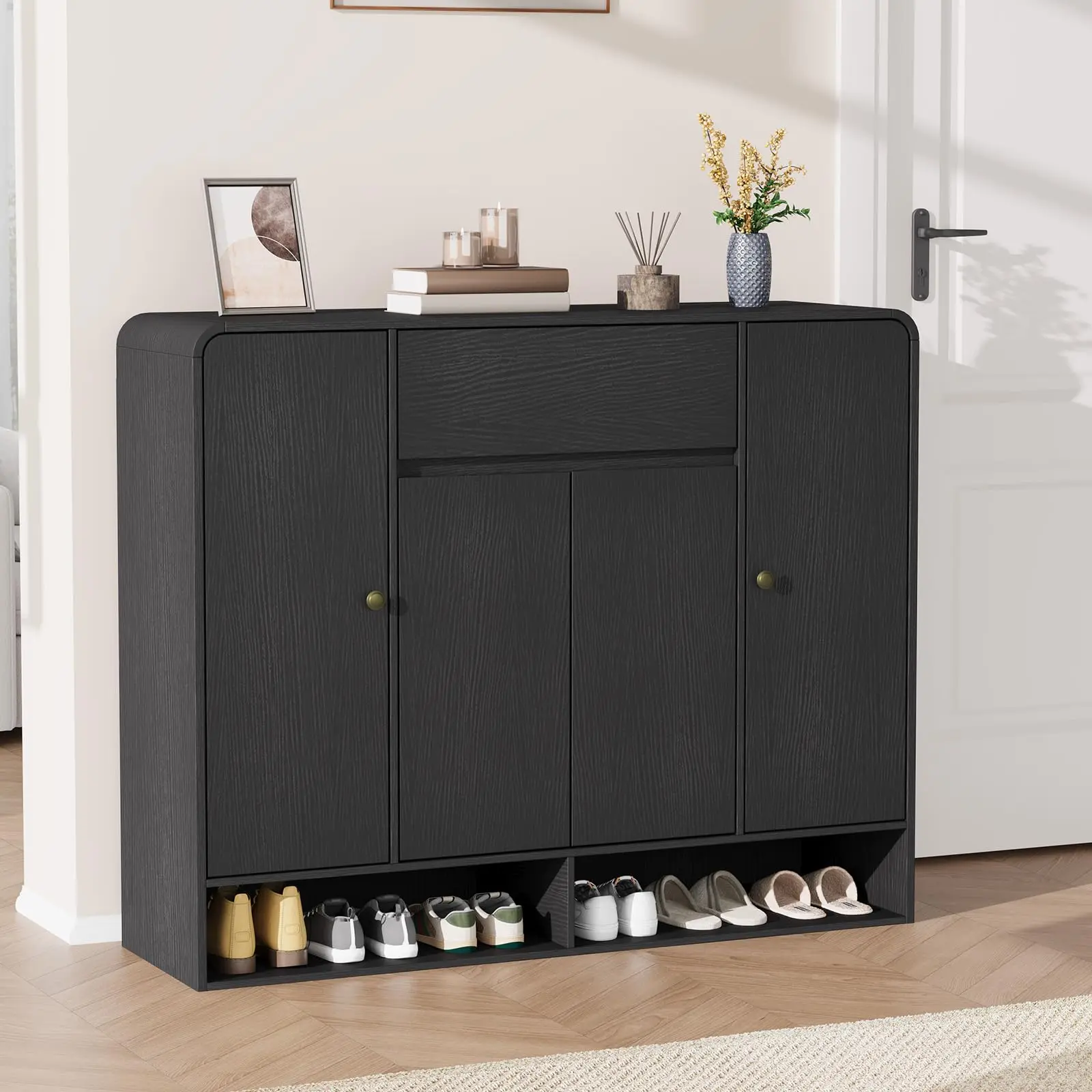 Modern Freestanding Shoe Cabinet – 4 Doors & 1 Drawer – Wooden Entryway Organizer with Open Bottom Shelf, Space-Saving Storage for Hallway or Foyer – Natural Wood Color