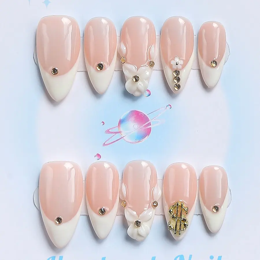 Nailssbysheccid, 10pcs press-on nails，almond shape,Y2K style, 100% handmade, combined with French style ,3D， suitable for family dinners, dates, weddings, it is the best gift for girls! Comes with jelly glue, crystal sticks and shaping strips.