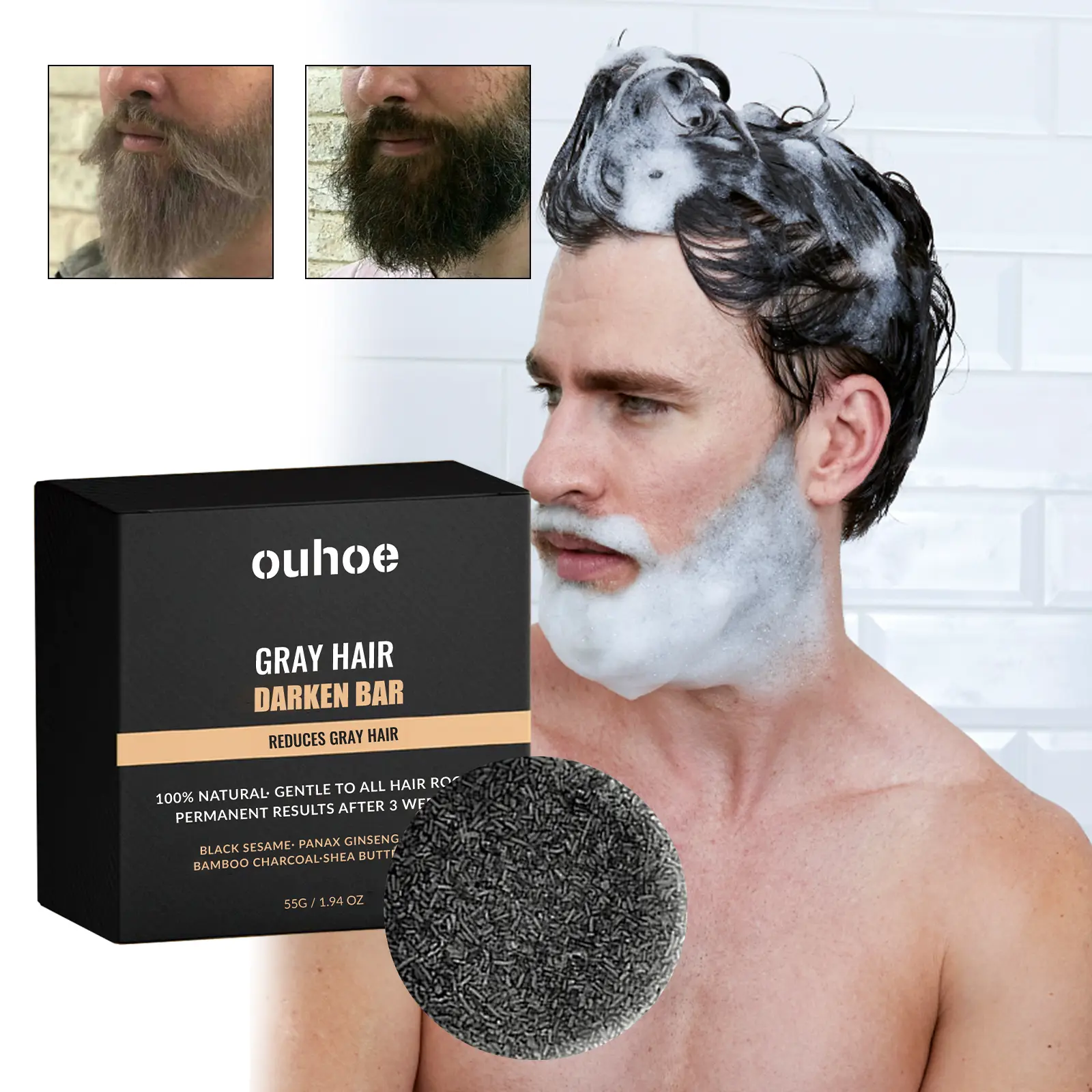 Gray Hair Reverse Shampoo Bar, OUHOE Black Hair Soap for Men & Women, Gradual Darkening Bar for Hair & Beard with Ginseng Charcoal Shea Butter Glycerin, Deep Clean Nourish Scalp, Travel-Friendly 55g