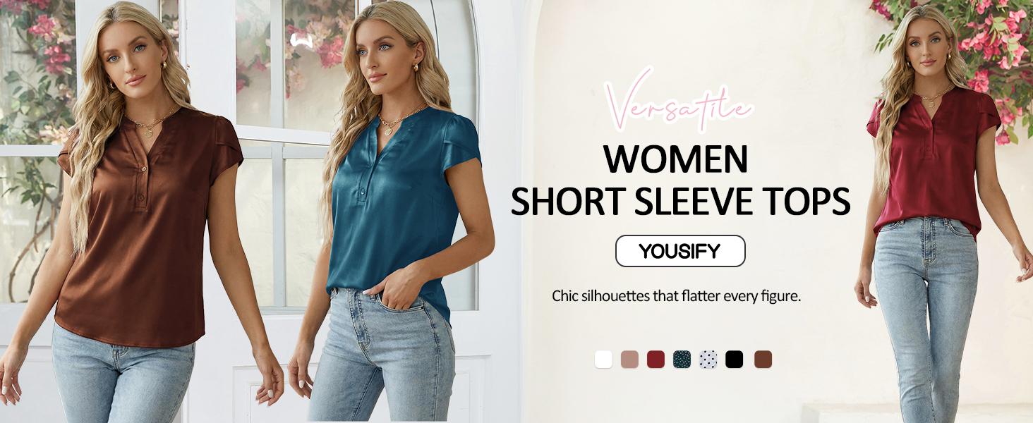 Yousify Women Satin Blouse for Women Business Work Tops Casual Cap Sleeve V Neck Button Down Shirts