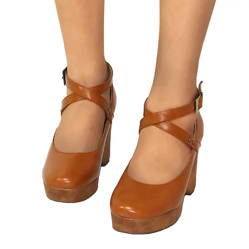Women Buckle Cross Strap, High Thick Heel, Sloping, Single Order Shoes