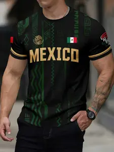 Men's Mexican Aztec Geometric Print Round Neck Short Sleeve T-Shirt, Breathable Summer Street Style Top, Loose-Fitting Long T-Shirt