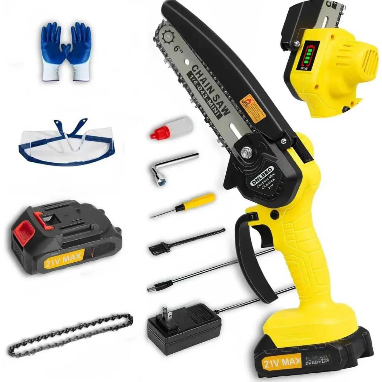 6-in Mini Cordless Lightweight Electric Chainsaw with Synthetic Handheld Grip, 1*2000mAh Battery, Display, Safety Lock, Garden Tool for Branch Trimming/Pruning, Ideal for Men/Fathers