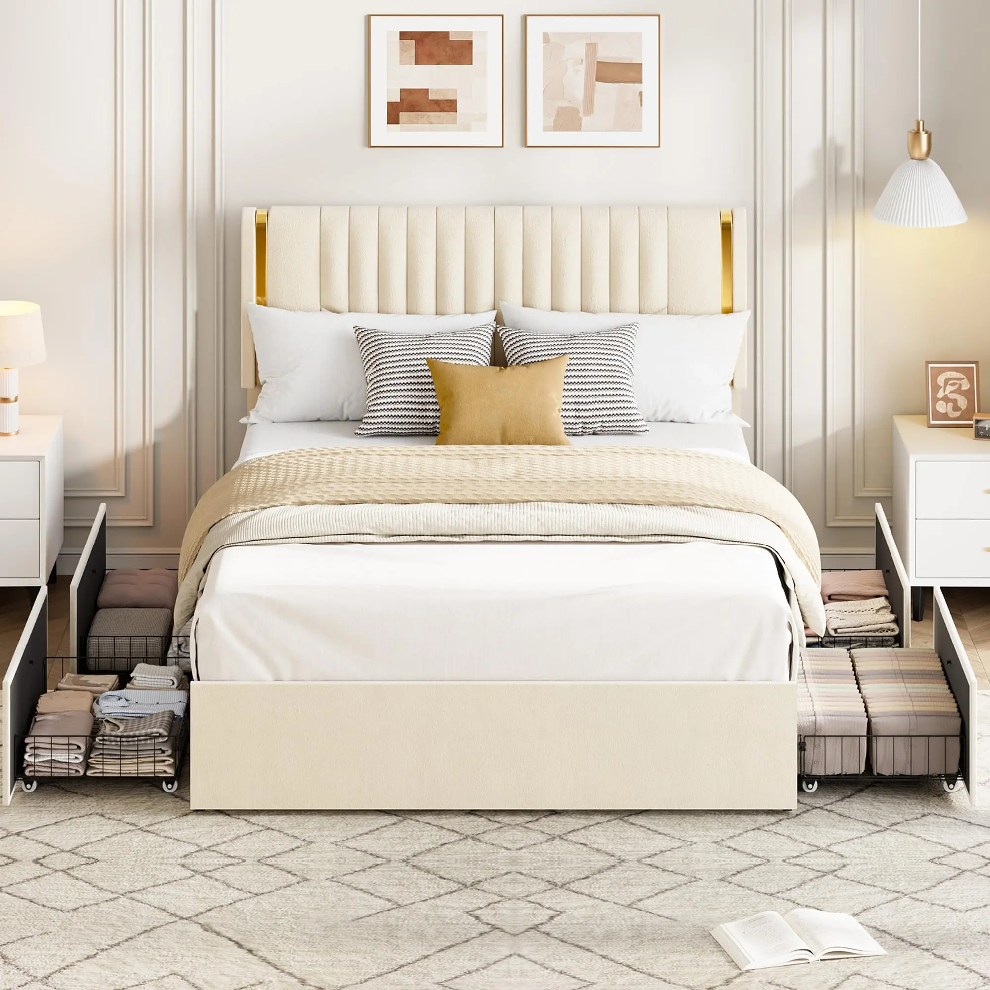 🛏️ Garvee Luxury Full Bed Frame with 4 Drawers – Adjustable Gold-Tufted Headboard, No Box Spring Needed, Sturdy & Noise-Free! ✨