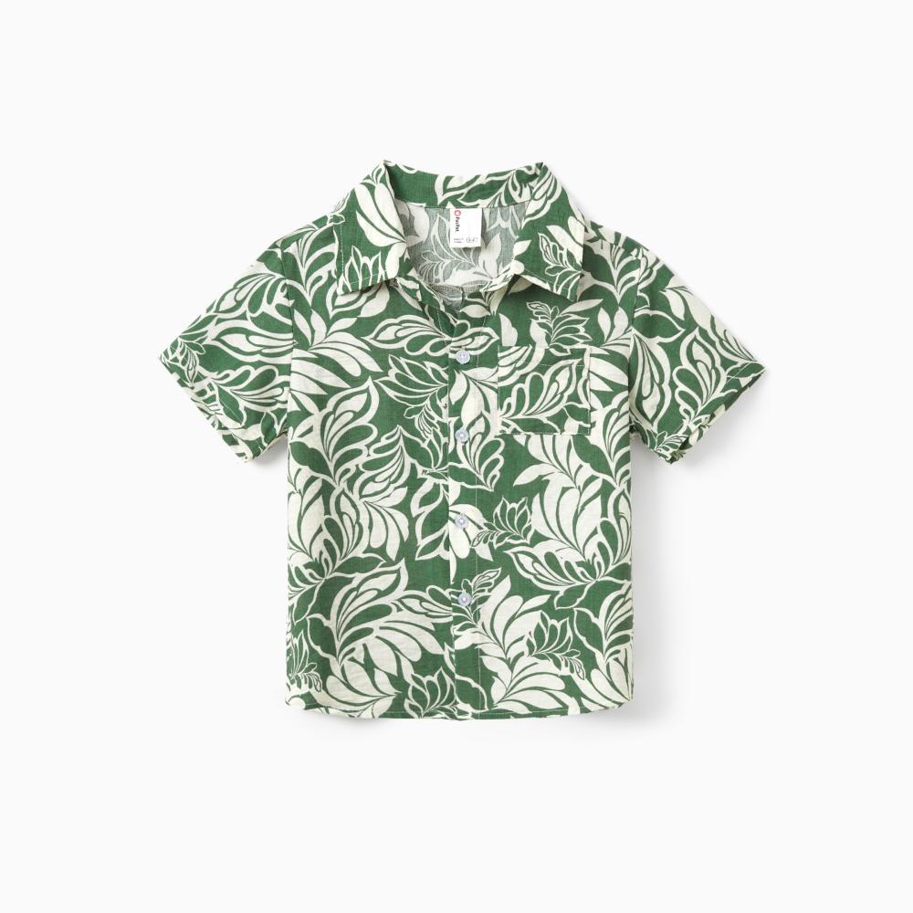 PatPat Family Matching Leaf Print Short-sleeve Shirt or Halter Dress Green Set Spingtok