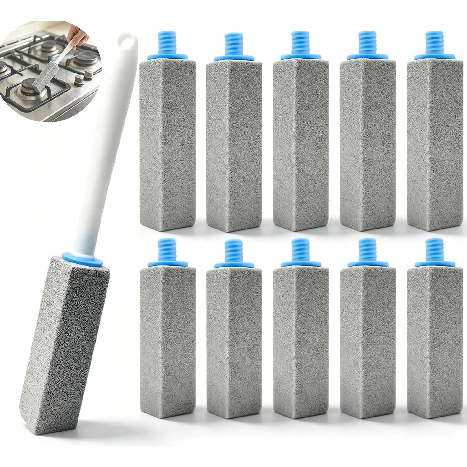 Pumice Stone for Cleaning Stove Grates & Top, Oven and Grill, Pumice Stone for Stove, Remove Stubborn Caked  , with Extra Long Handle, 1 Wand+10 Stones