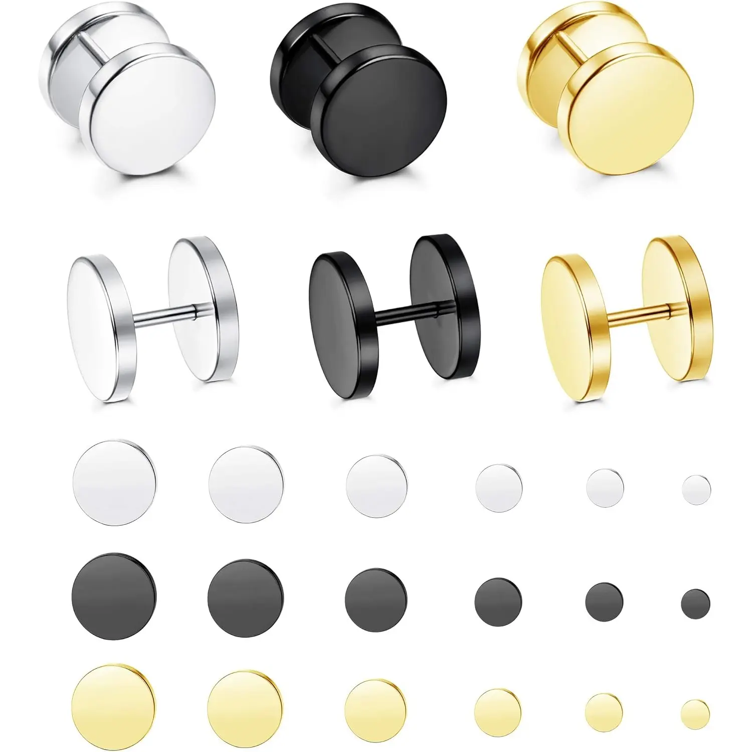FUNRUN Udalyn 18 Pairs Stainless Steel Flat Stud Earrings Set for Men Women Faux Gauges Ear Tunnel Piercing Screw Earrings Silver Black Gold-Tone 5-10mm