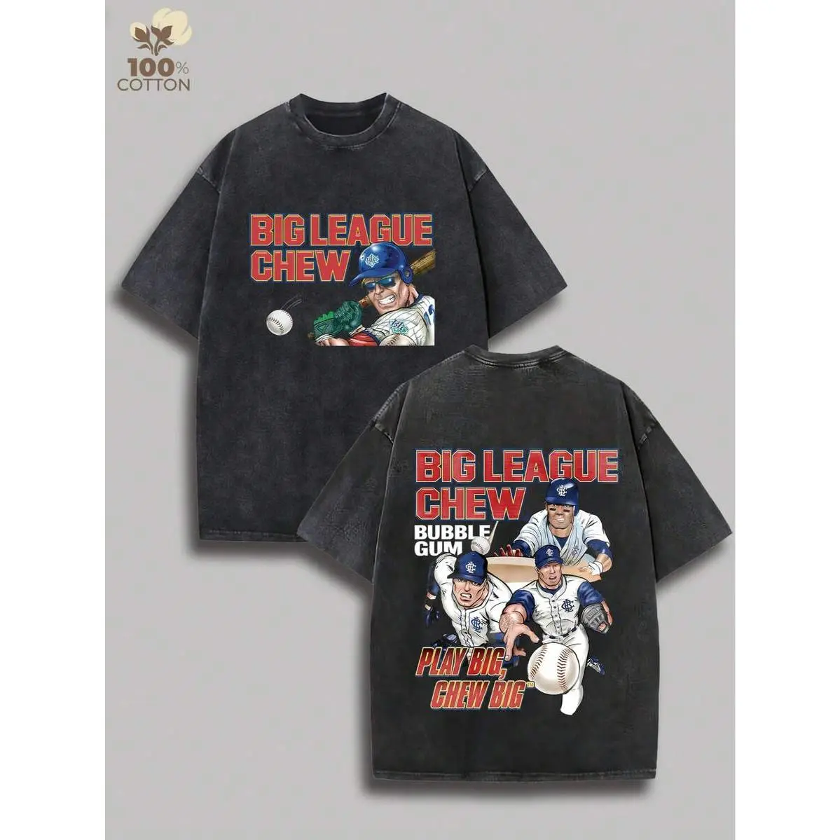 Y2K Retro Cartoon Baseball Print Crew Neck Tee Big League Chew Graphic Acid Washed Cotton Short Sleeve T Shirt Daily Outdoor Sports Party Streetwear Apparel