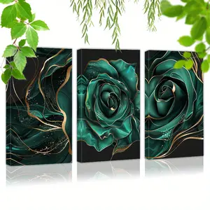 2D 3-piece canvas painting set, 3-piece canvas wall art, ready-to-hang gift, emerald green and gold rose wall art print poster wall decoration home decor