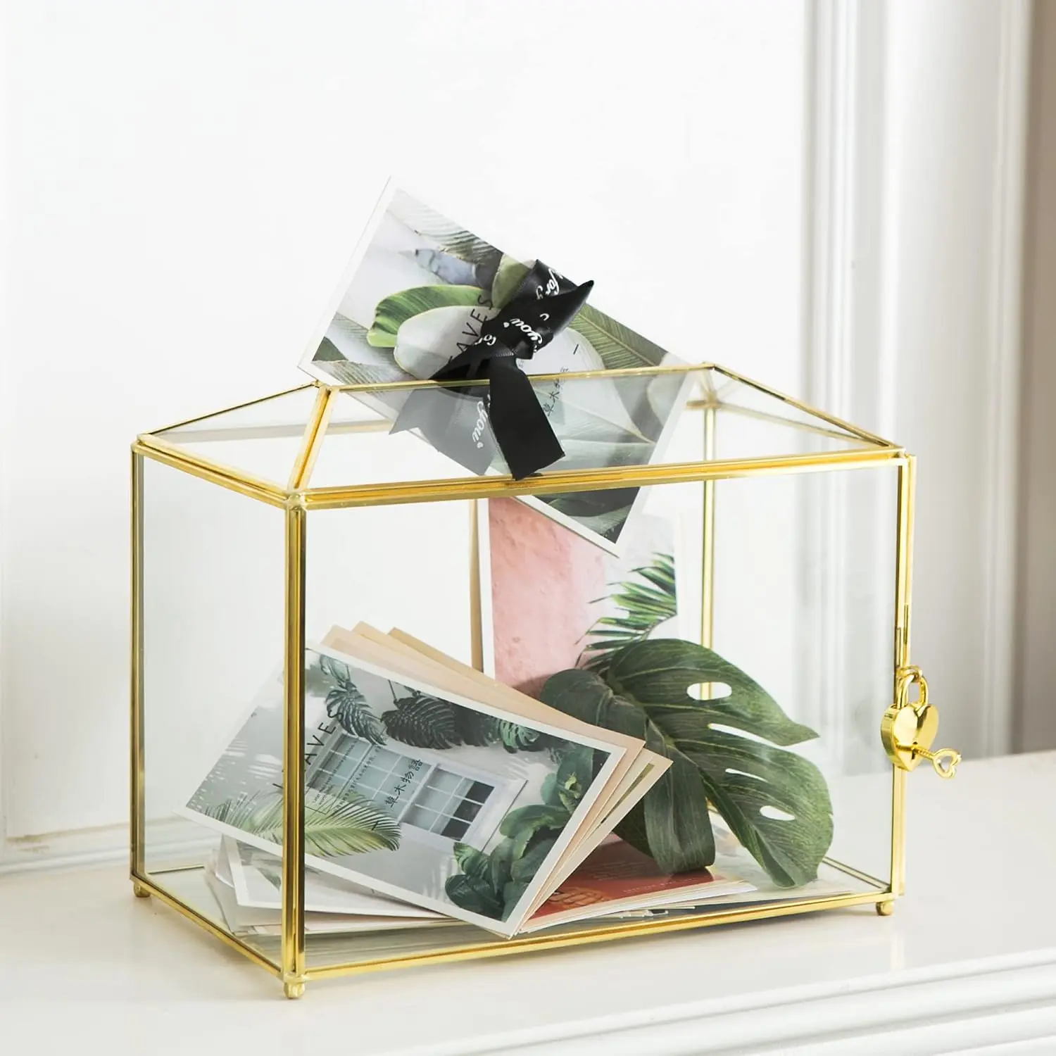 Glass Wedding Card Box with Slot, Large Clear Card Box 10.2 inch  Brass  Card Storage Box with Lock for Wedding Receptions,  Shower, Birthday Party, Bridal Shower