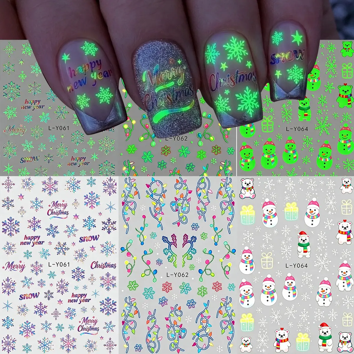 3 Sheets Y2K Glow-In-The-Dark Christmas Nail Stickers, Colorful Snowflakes, New Year Lights, Snowman, Gift Patterns Nail Art Decals Sliders, Holiday DIY Nail Decorations