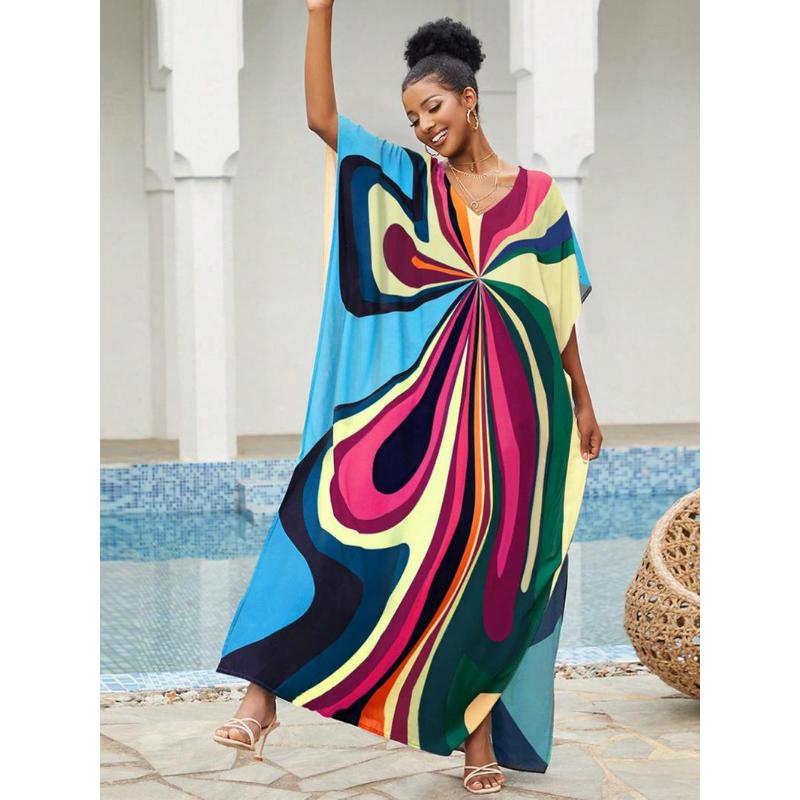 All Over Batwing Sleeve V Neck Maxi Dress,  Moo Moo Dress Summer Designer Clothes, Womenswear Boho Comfort Womenswear Half Sleeve Kaftan for Lady, Holiday Dresses, Clothing for Casual Wear Back To School Moo Moo Dresses