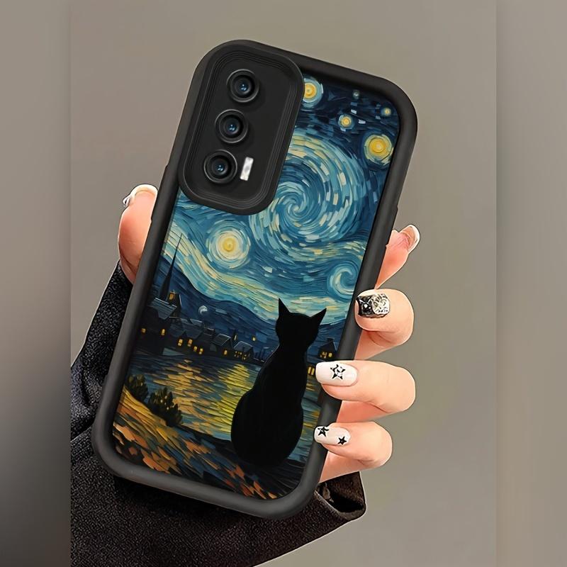 Phone Case: Suitable for iPhone 17 E Air Pro ProMax iPhone16 15 14 Plus 13 12 Mini 11 X XS XR, Black, Featuring a Cat Looking at the Stars from Among Tall Bamboos