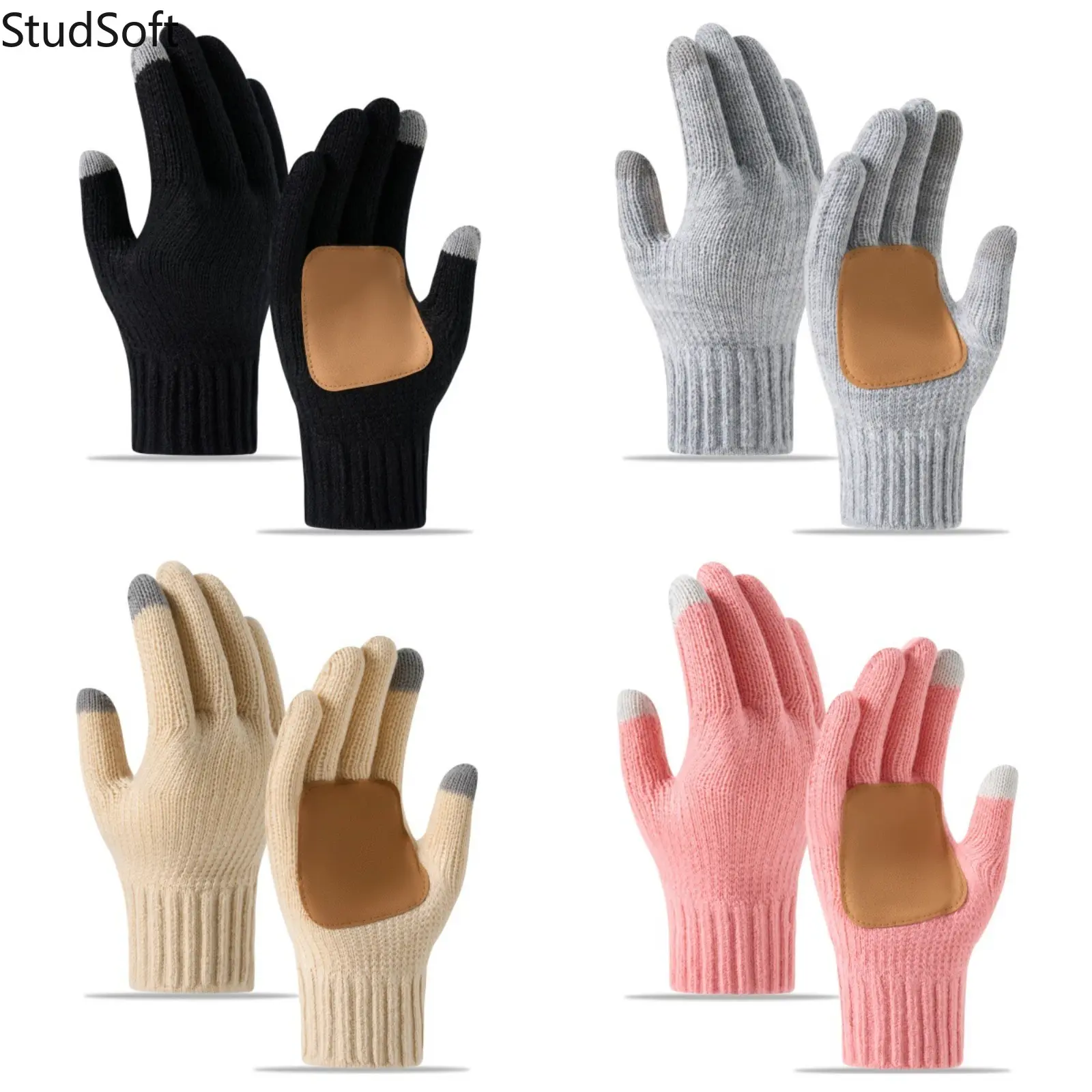 Unisex Winter Knitted Fabric Gloves - 1 Pair, Warm Touchscreen Mittens with Leather Patch, Anti-Slip Thermal Hand Warmers, Casual Outdoor Driving Use, 4 Color Options
