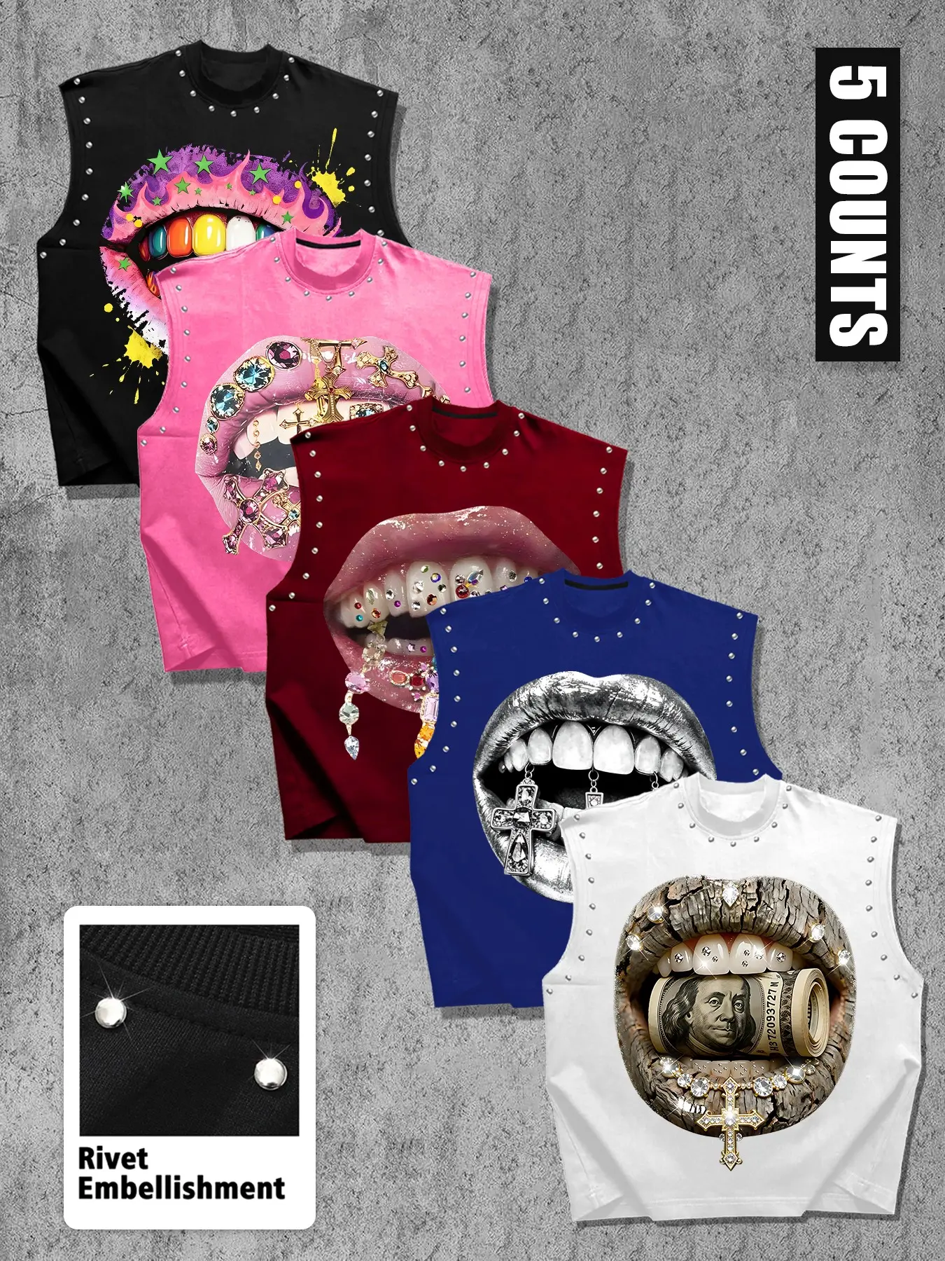 American Y2K Rivet Sleeveless Vest Set, Unique Rhinestone Lip Graffiti Print, Multicolor Hip Hop Baggy Tank Tops for Men, Casual Fitted Long Tee
