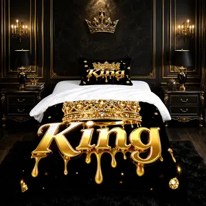 2/3 Pieces Bedding Set, King Golden Crown Drip Letter Duvet Cover (1 Duvet Cover + 1/2 Pillowcases, No Pillow Inserts), Luxury Black & Gold Hip-Hop Style, Single-Side Digital Print, Bedding for Men & Teen Boys, Bedroom & Dorm Decor, Couple Gift