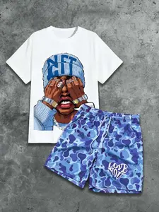 American Street Hip Hop Portrait Print Mesh Short Sleeve + Camouflage Shorts Set, Loose-Fitting Street Style Suit, Fashionable Clothing