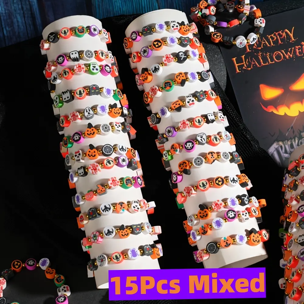 15-Piece Halloween Bracelets Set, Beaded Stretch Accessories for Women with Skull Pumpkins, for Party Use & Casual Wear, Prop 65 Safe, Halloween Things, Party Wear