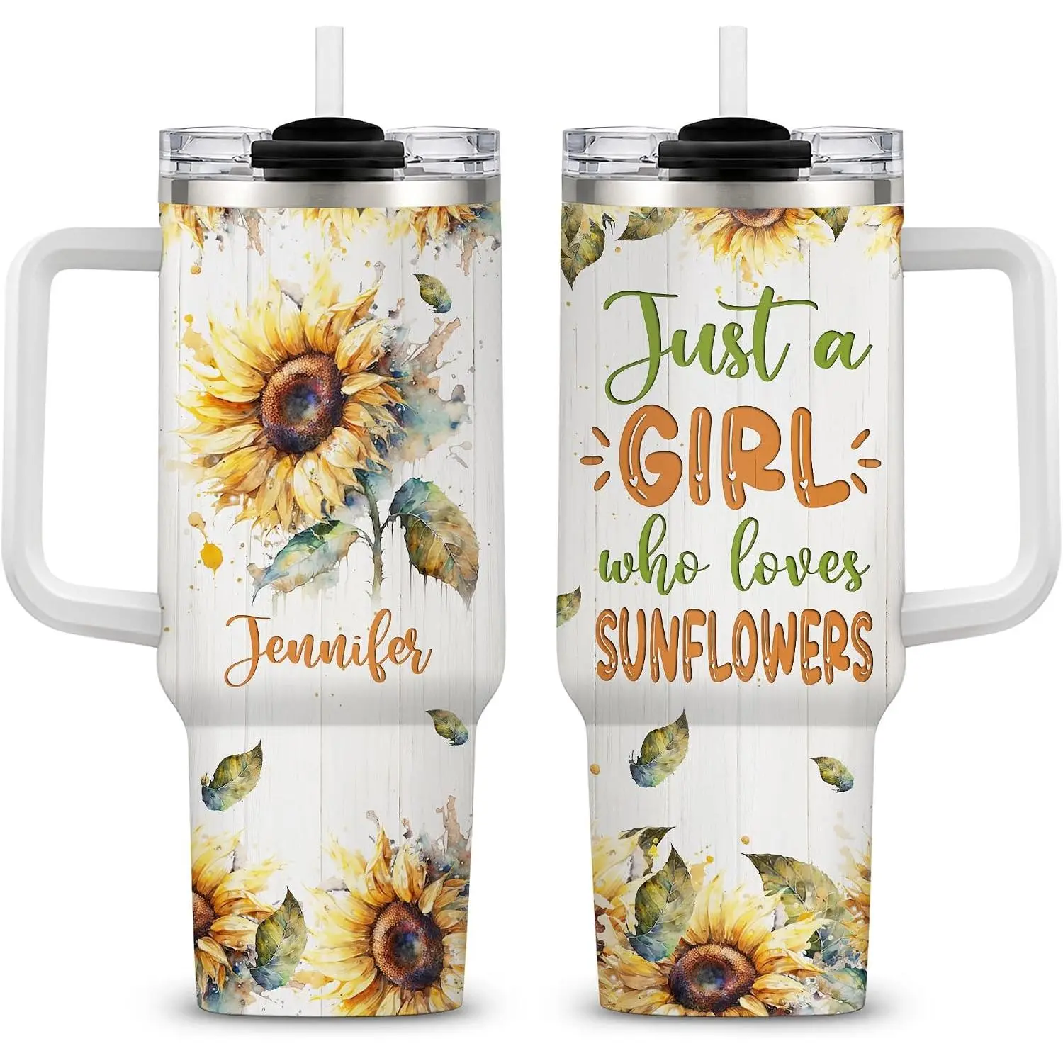 Hyturtle Personalized Gifts For Sunflower Lover Tumbler 40oz with Handle and Straw - Stainless Steel Travel Coffee Cup With Lid - Cute Floral Lover Gifts For Women, Girl On Birthday Christmas
