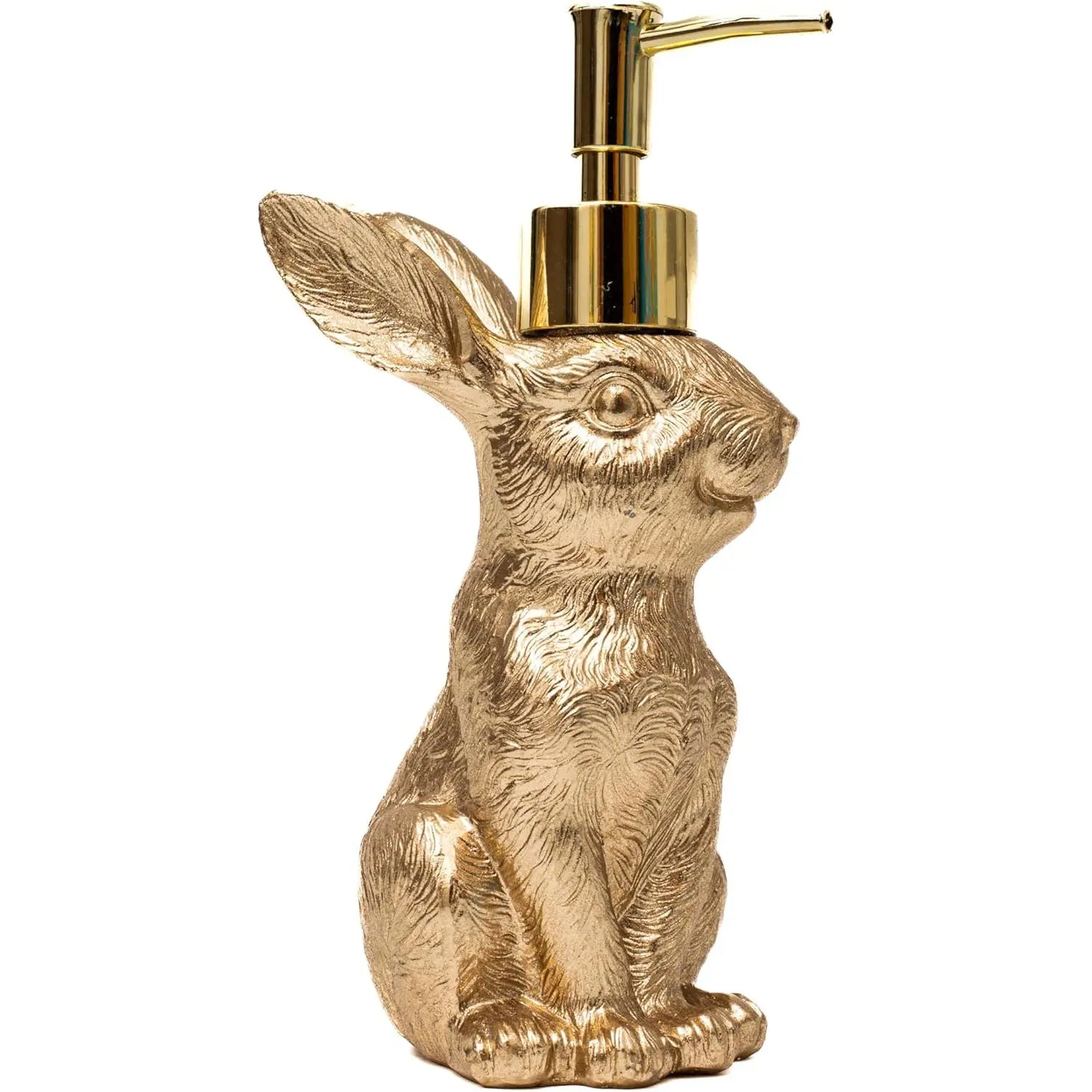 8oz Resin Antique Gold Bunny Soap Dispenser - Compact Rustproof Pump Bottle for Body Lotion, Dish Detergent, Essential Oils - 7.75"h x 4.25"l x 3.5"w Refillable Animal Statue for Kitchen Sink, Bathroom Vanity, Bedroom - Easter Decor