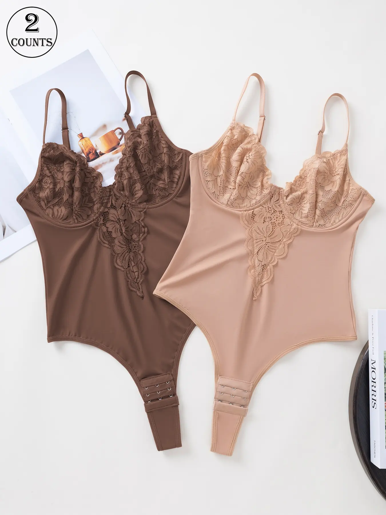 2 Pack/4 colors available lace floral elegance women's shapewear back-shaping bodysuit Tummy-control and hip-lifting with three-row, three-hook design With underwire, adjustable straps, Spaghetti strap No padding, gathers naturally Everyday casual